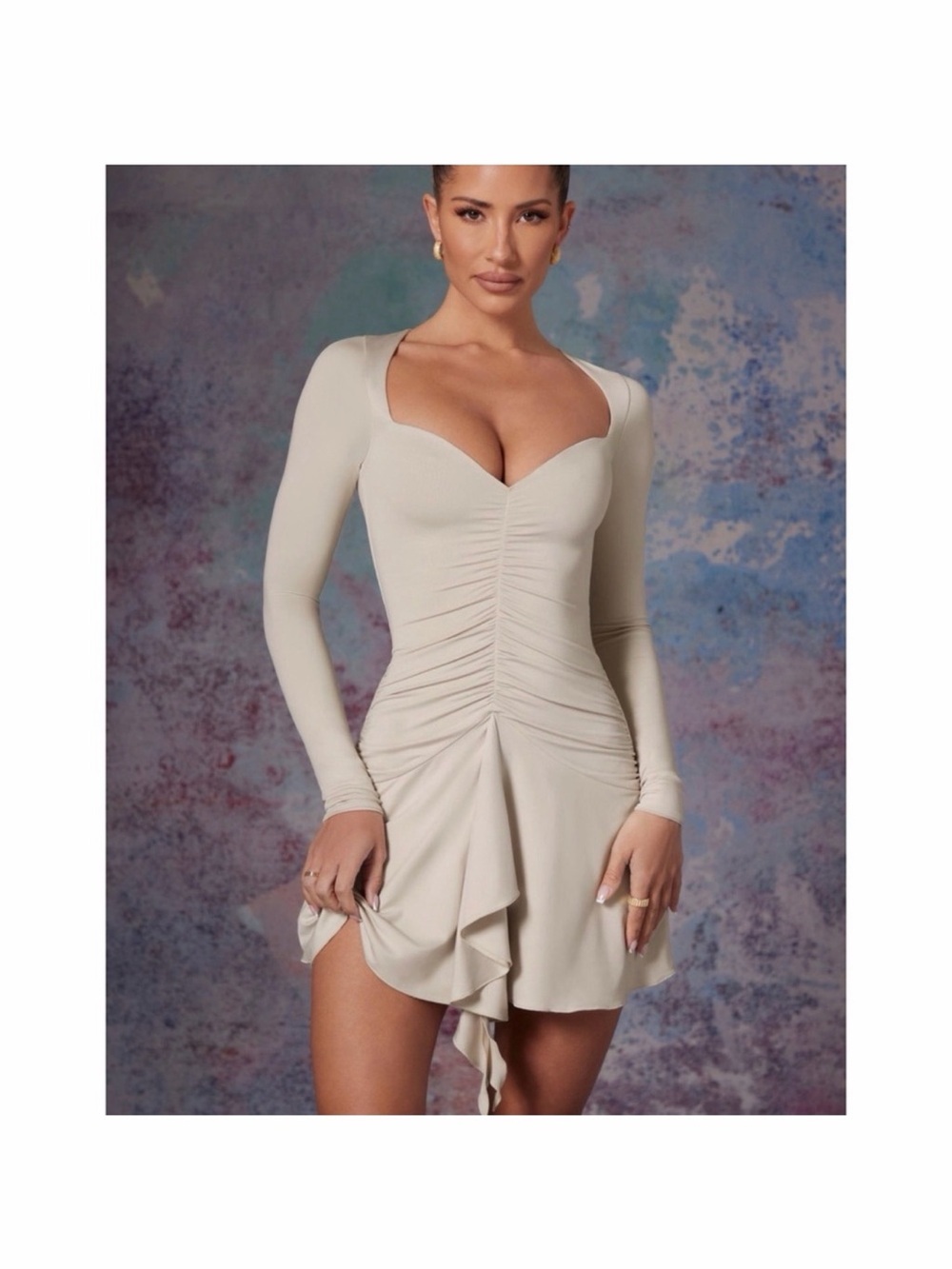 Oh Polly Cream Long Sleeve Ruched Sweetheart Mini with Draped Skirt